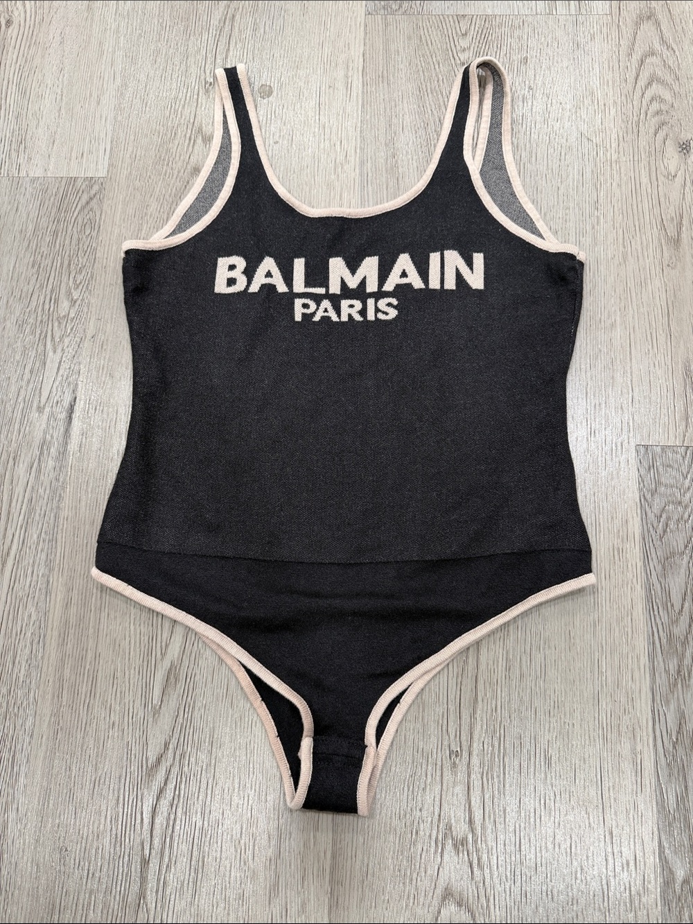 Balmain Black Bodysuit with Cream Trim and Logo